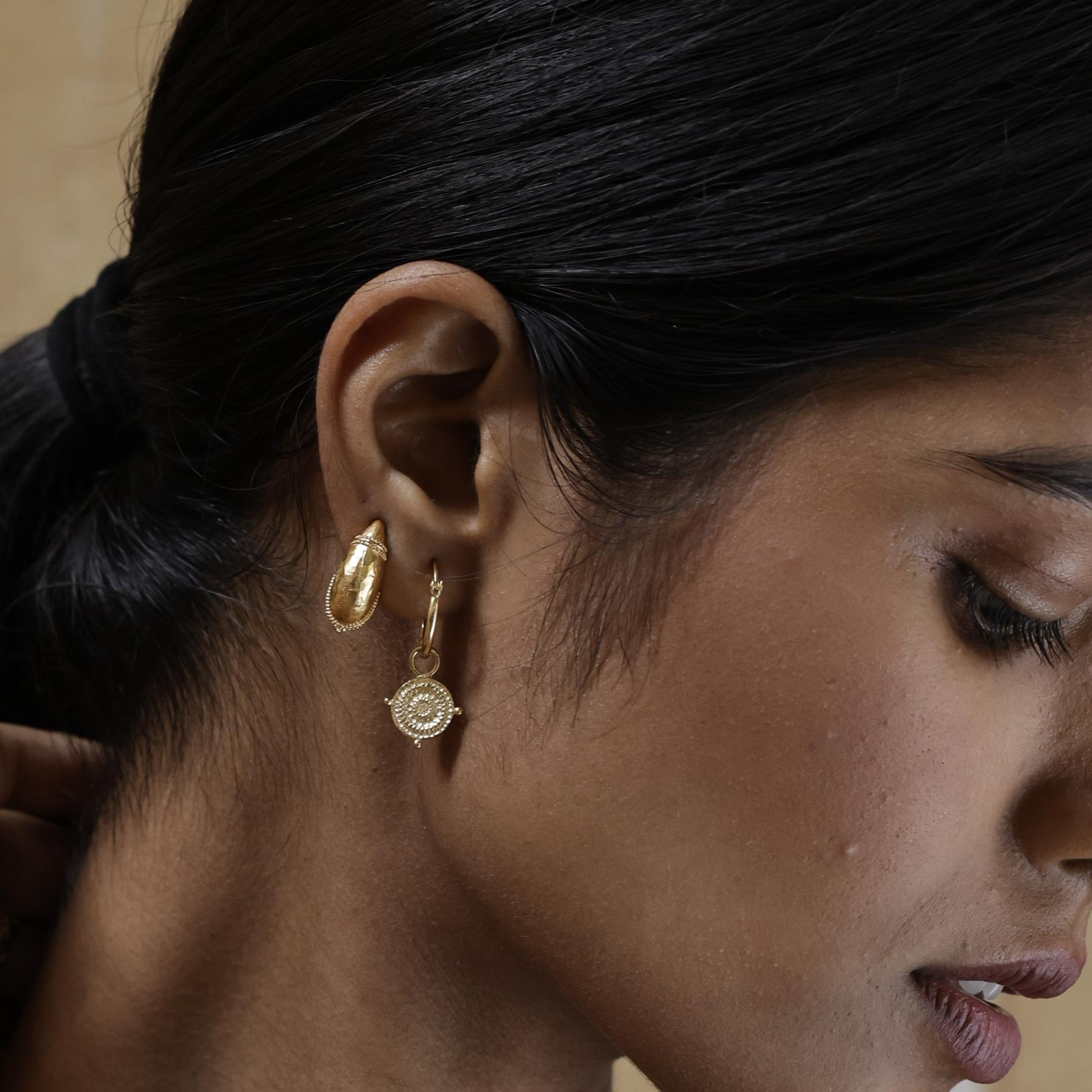 Dainty Athena Shield Hoops styled as everyday goddess jewellery with Mini Dome Earring stack