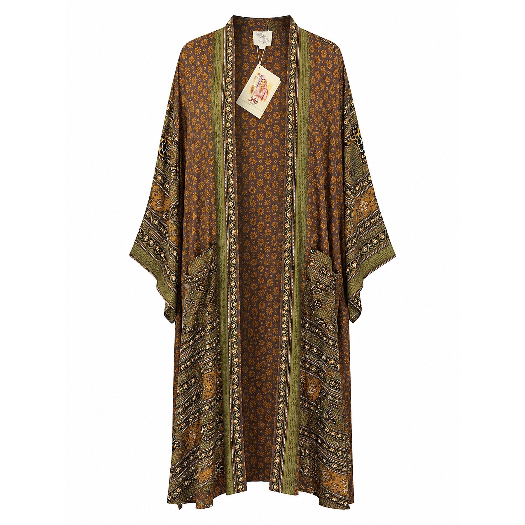 One-of-a-kind maxi kimono in brown and olive floral folk print silk, by Loft & Daughter