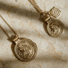 Protective gold vermeil coin pendants inspired by the warrior spirit of Athena