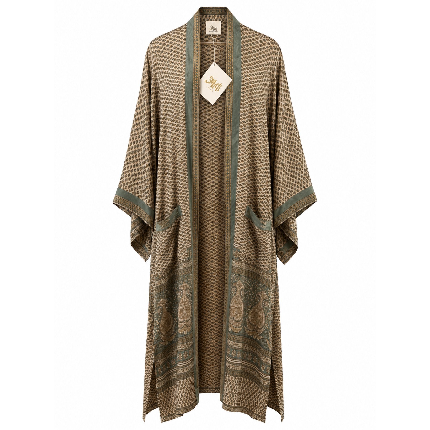 One-of-a-kind maxi kimono in cream silk with brown leopard-spot print, by Loft & Daughter