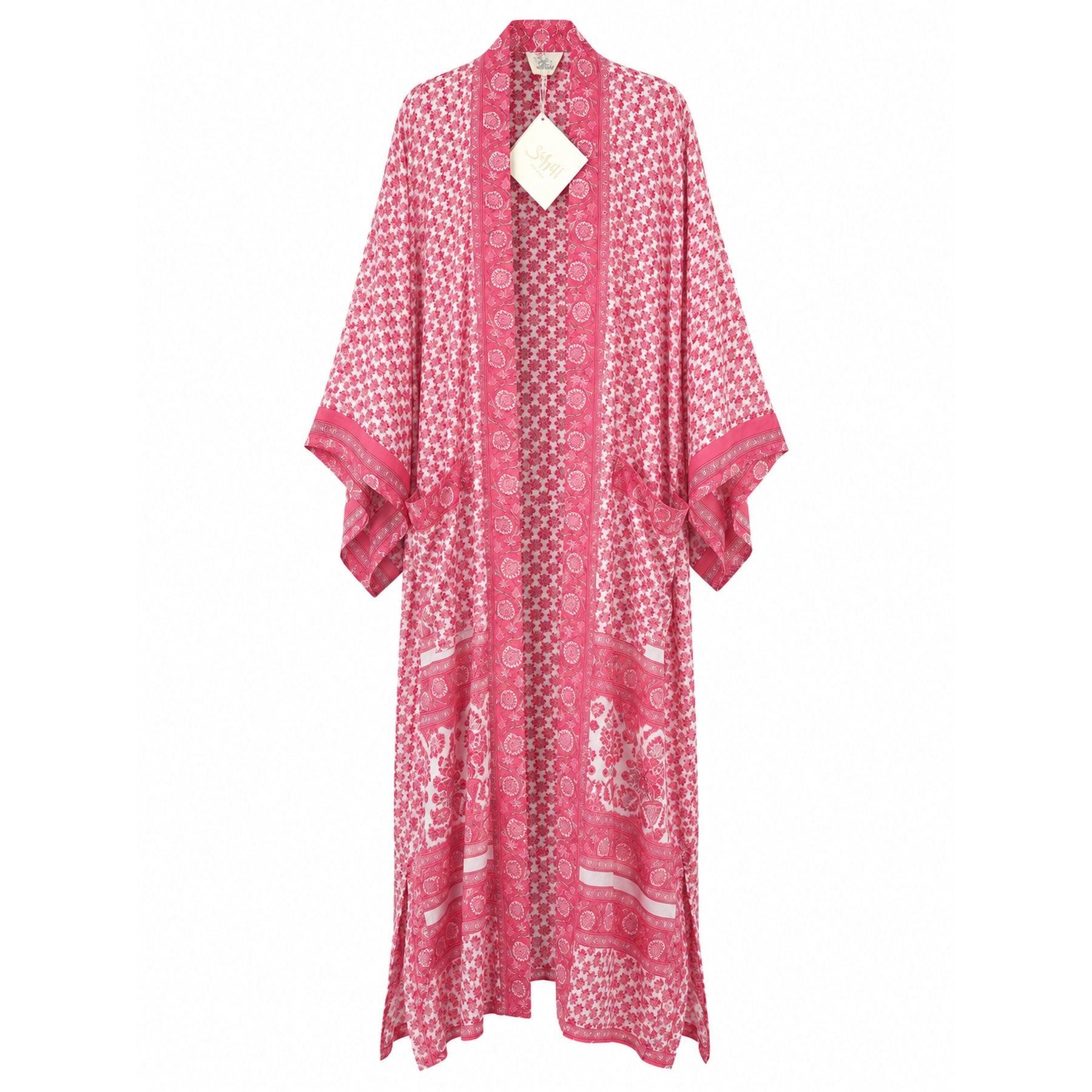One-of-a-kind maxi kimono in pink and white paisley floral silk, by Loft & Daughter