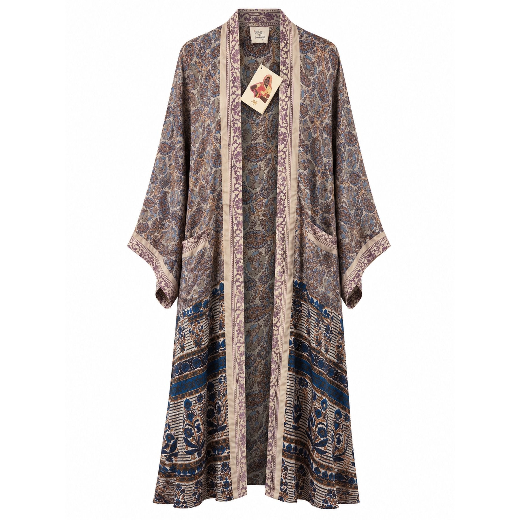 One-of-a-kind maxi kimono in grey-blue and mauve floral silk with cream trim, by Loft & Daughter