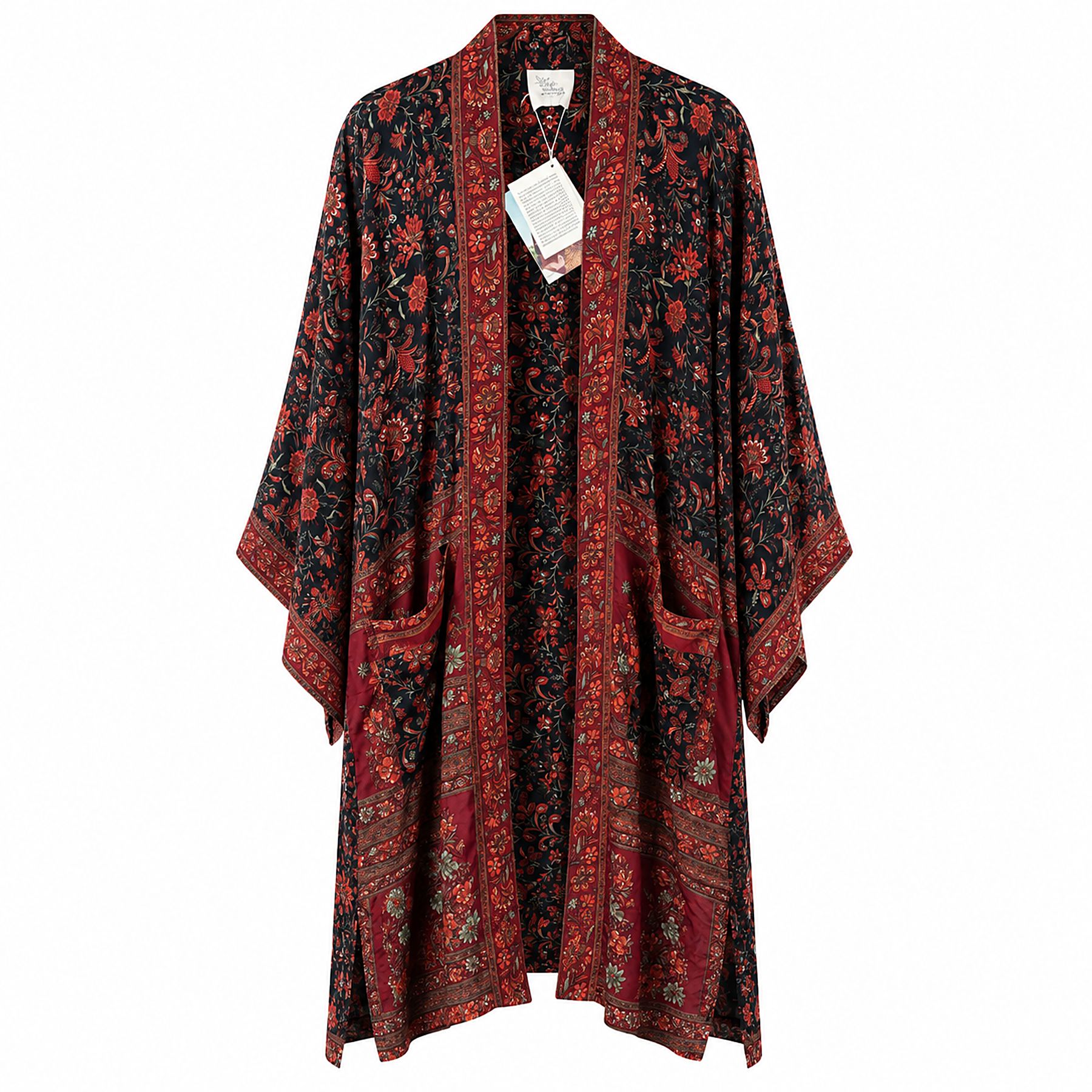 One-of-a-kind midi kimono in black and red floral paisley silk with deep red trim, by Loft & Daughter