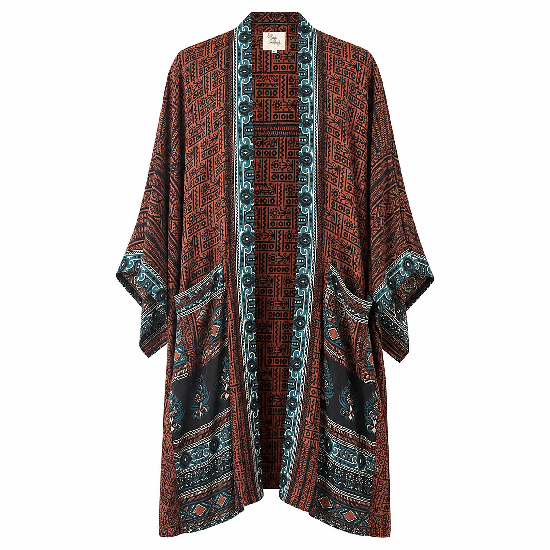 One-of-a-kind midi kimono in rust tribal print silk with teal and cream border, by Loft & Daughter