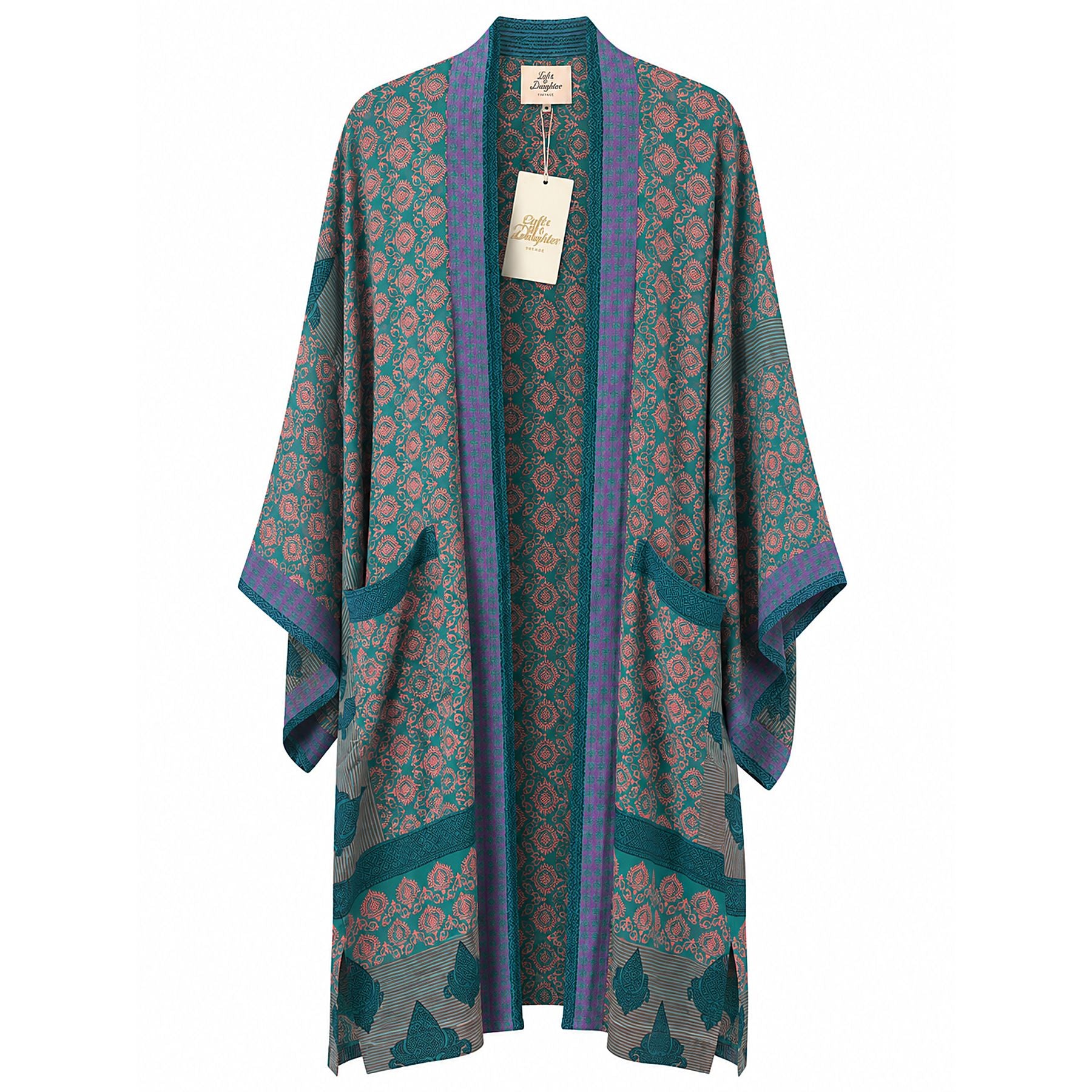 One-of-a-kind midi kimono in teal medallion silk with coral and purple accents, by Loft & Daughter