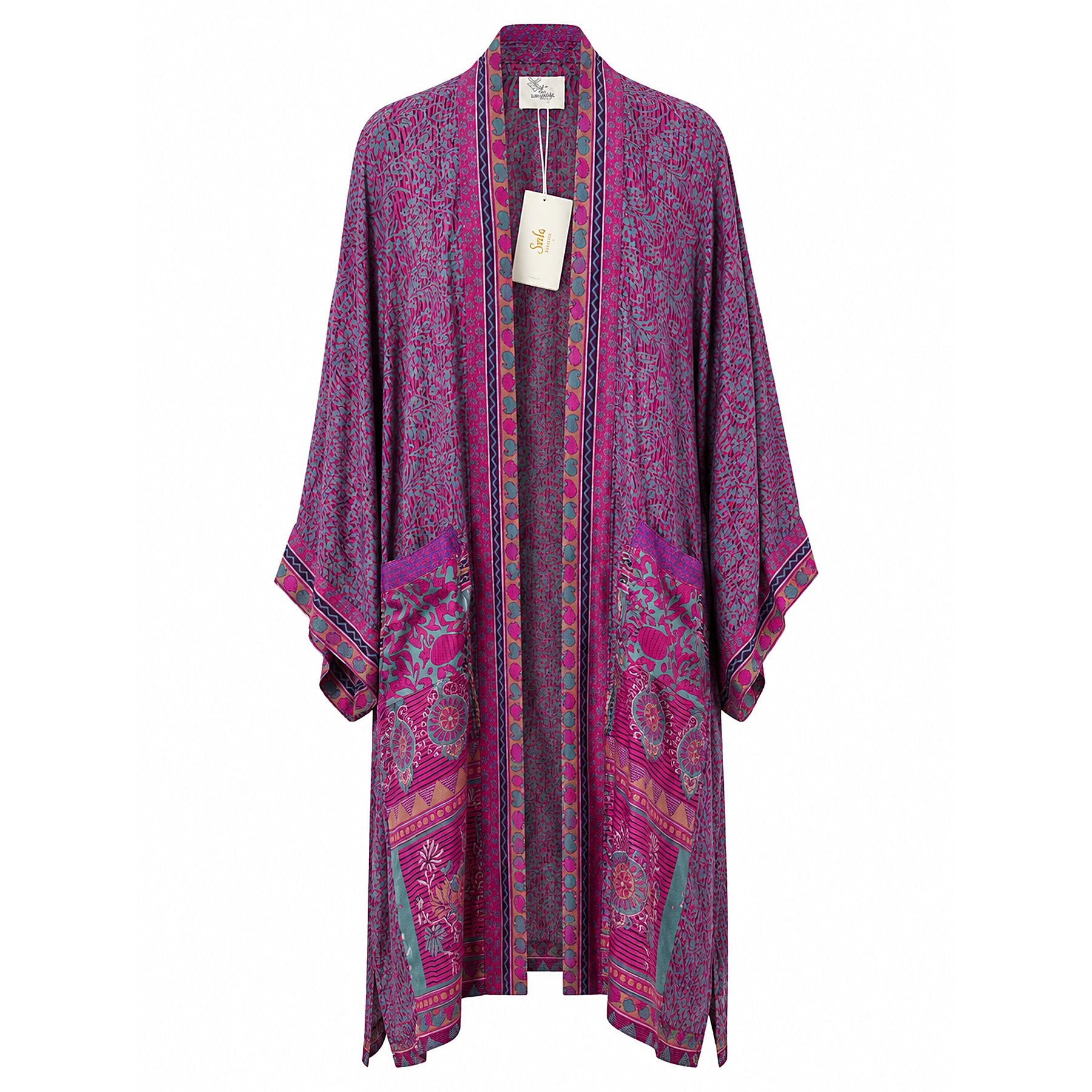 One-of-a-kind midi kimono in pink and teal ornate medallion silk with blue border, by Loft & Daughter