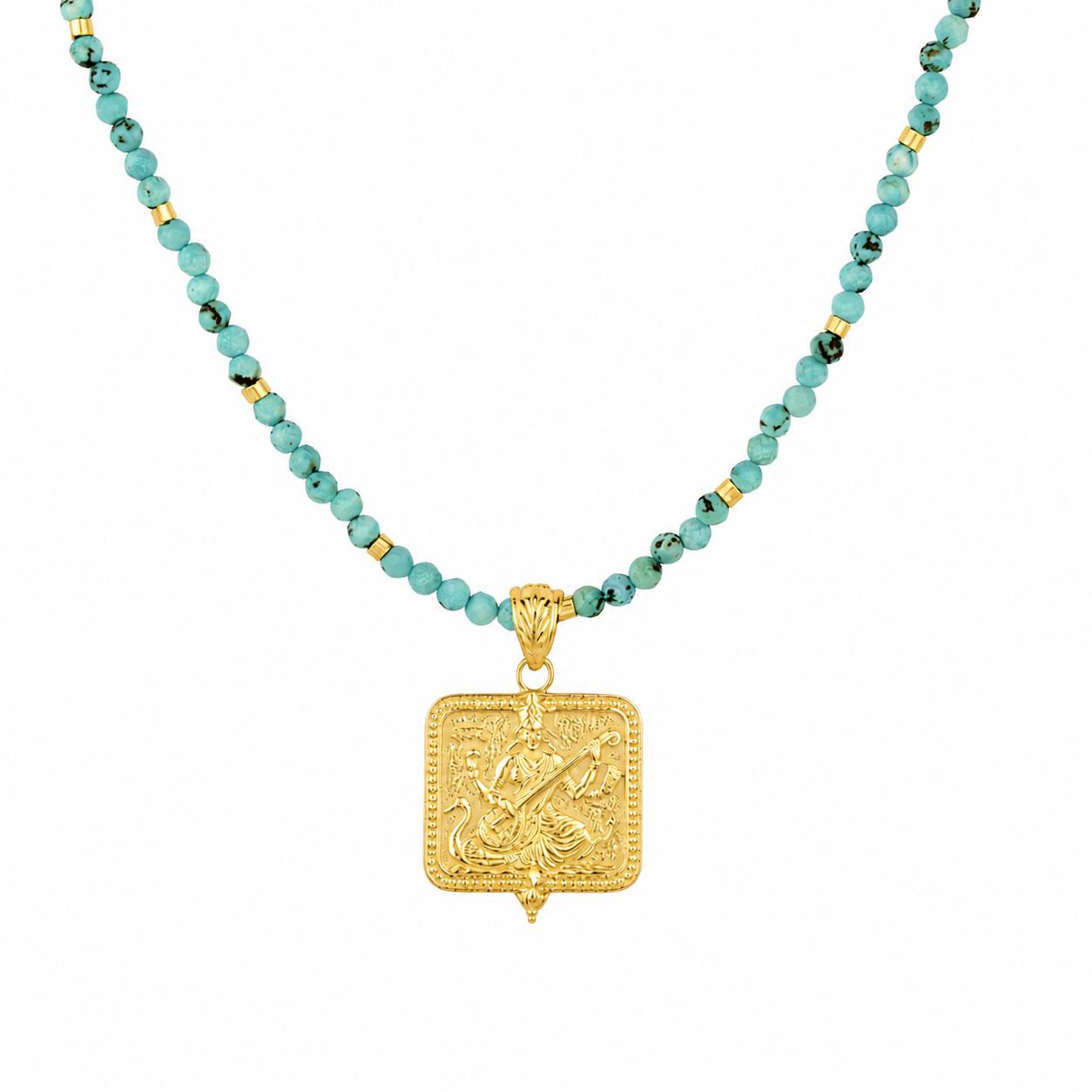Gold vermeil Saraswati charm on a turquoise beaded choker