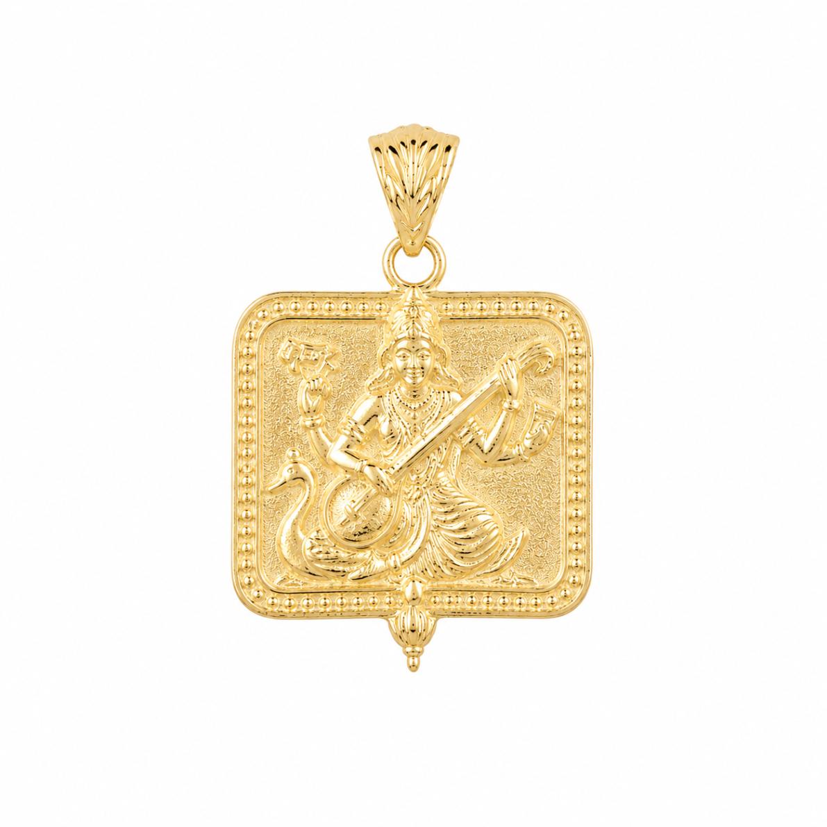 Gold vermeil Saraswati charm pendant, front detail