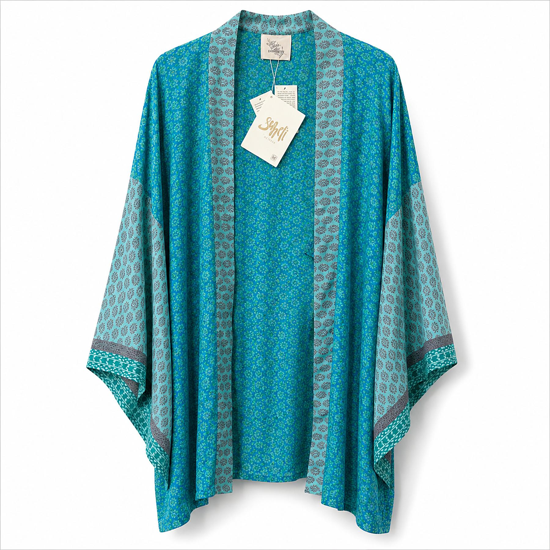 Teal Blossom short sari kimono