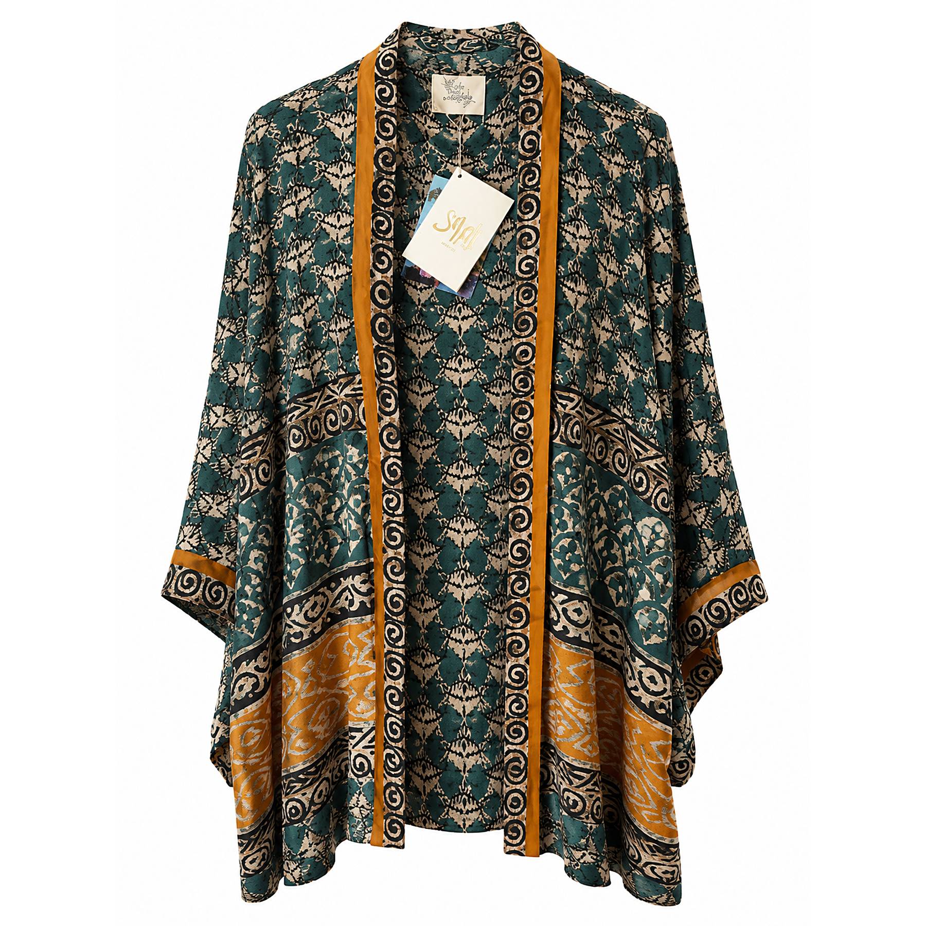 Teal Ikat short sari kimono