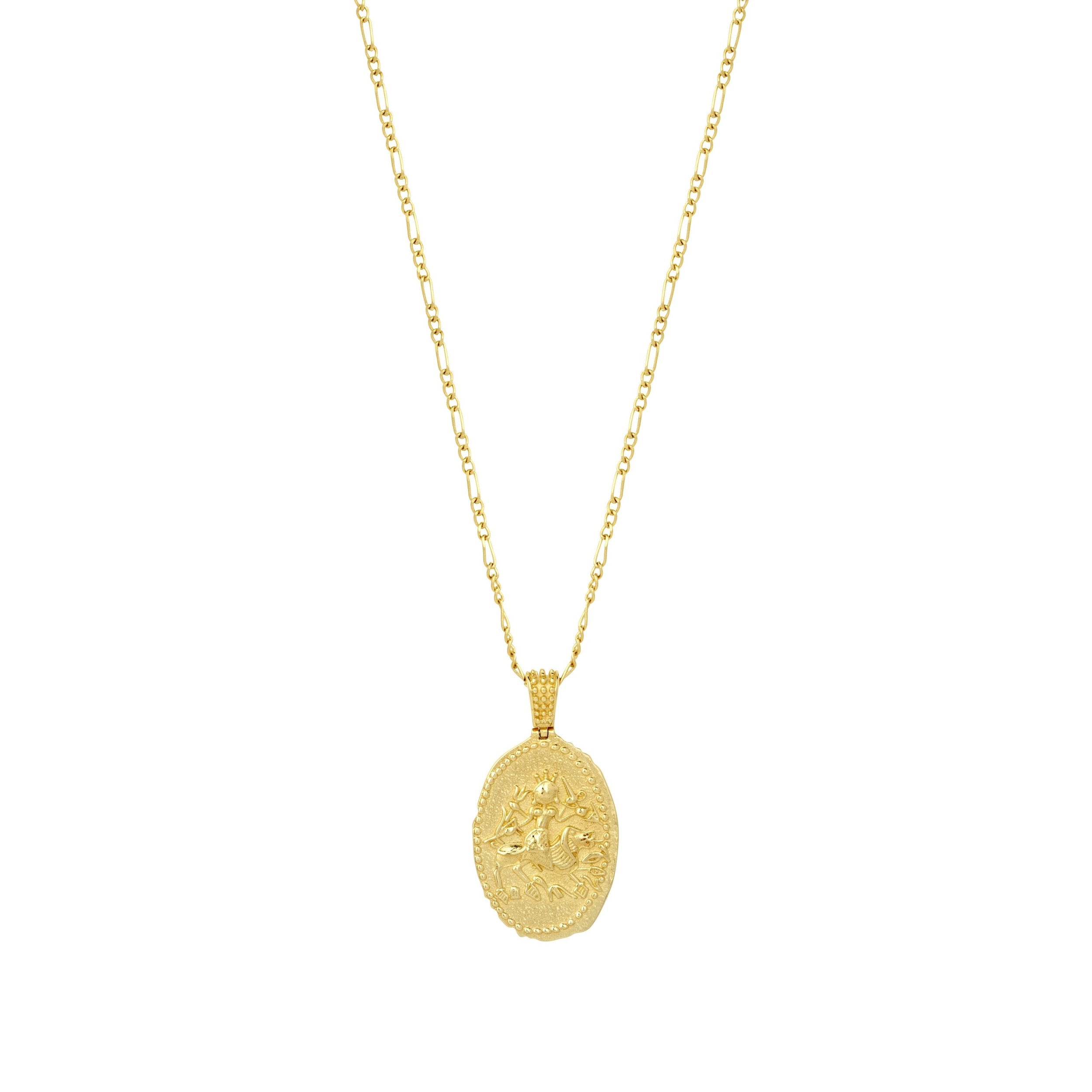 A gold vermeil pendant necklace featuring an engraved depiction of the Hindu goddess Durga on a chain.