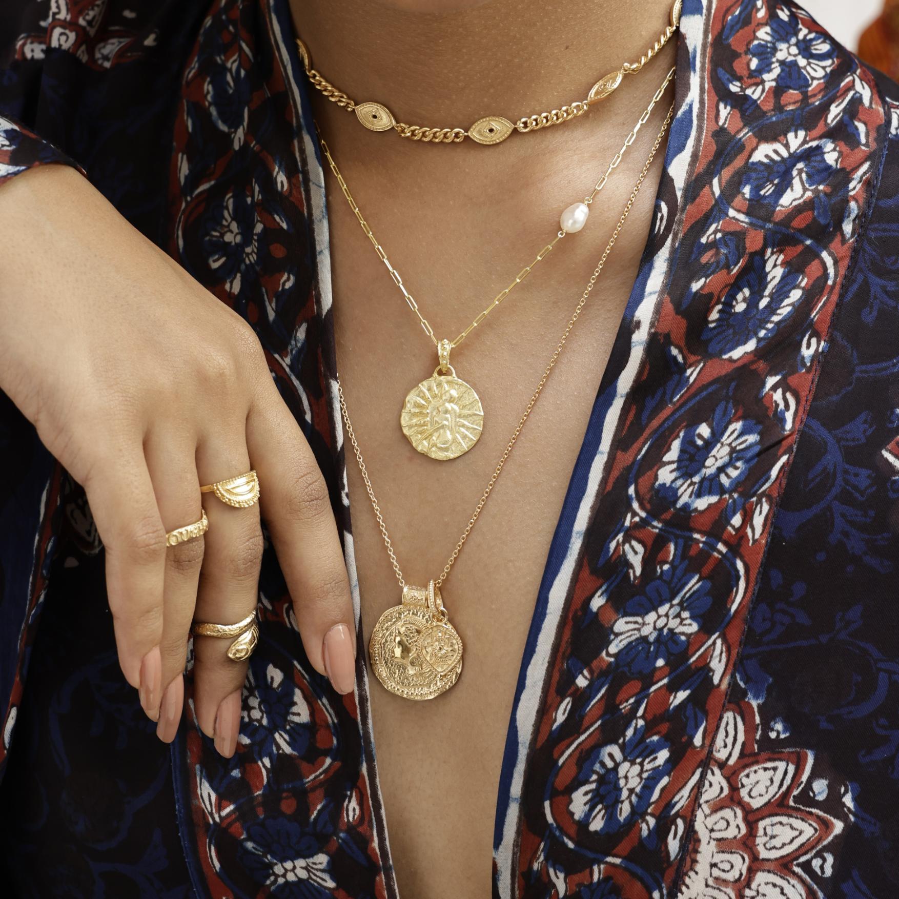 Boho layering necklaces by Loft & Daughter featuring gold vermeil Ganesh charm and Athena pendant