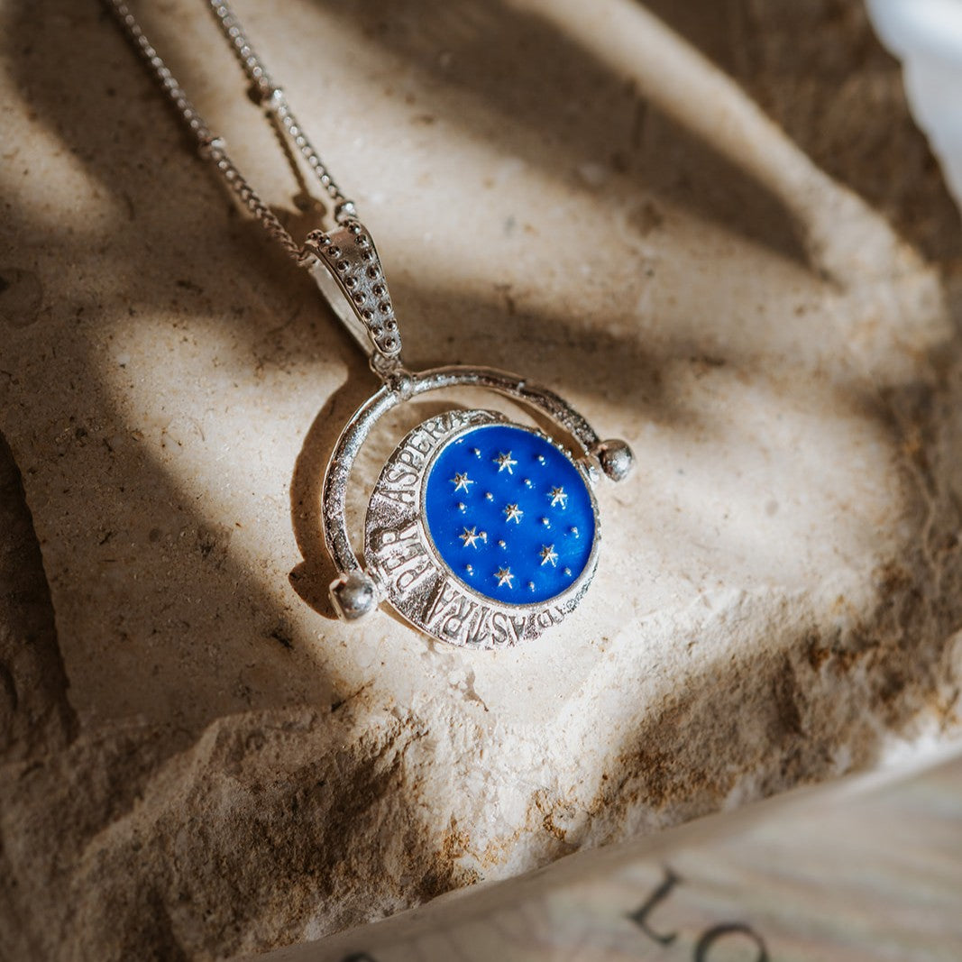 Silver Spinner Pendant With Blue Enamel Moon