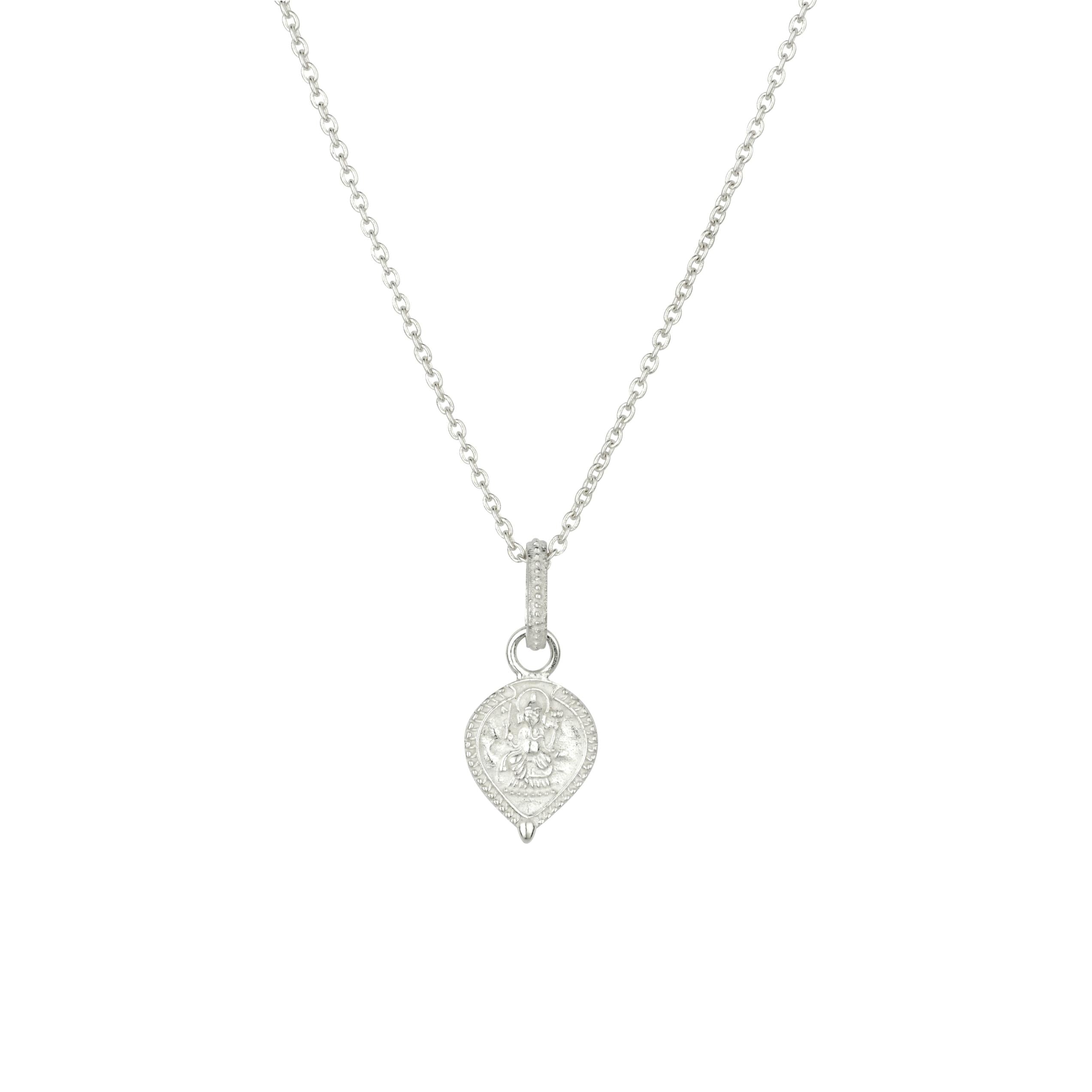 Silver necklace with tear drop Ganesh pendant on a white background