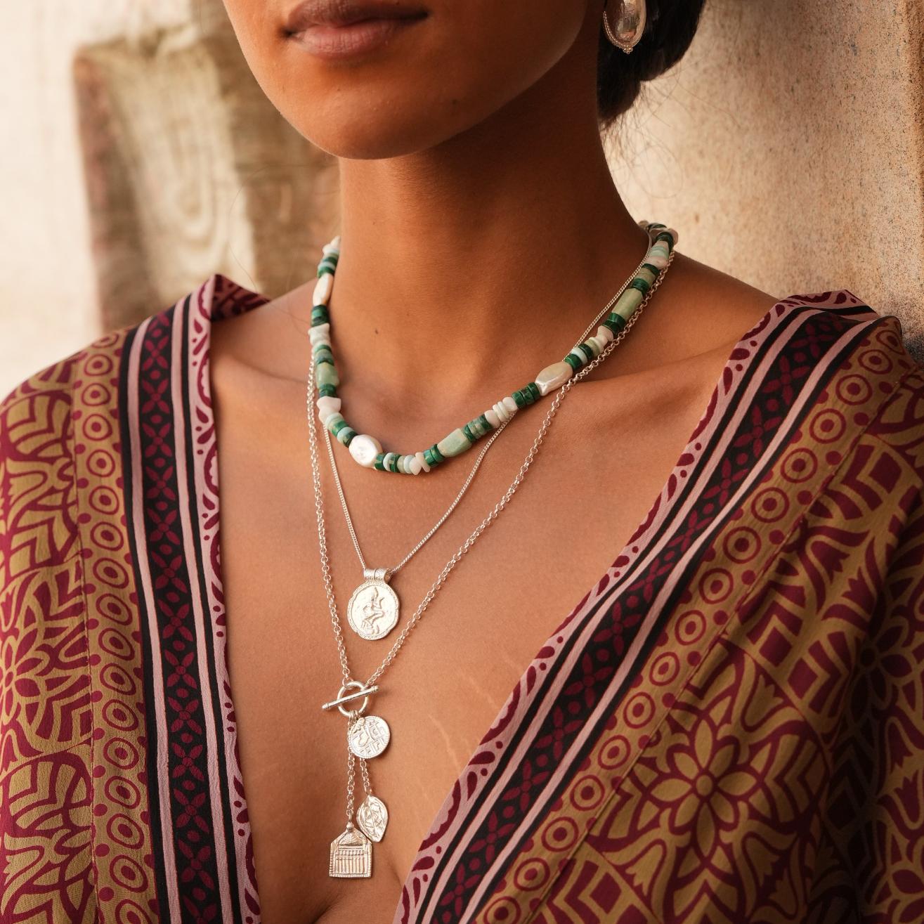Malachite moonstone and pearl choker with bohemian silver pendant stack worn on model by Loft and Daughter