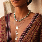 Malachite moonstone and pearl choker with bohemian silver pendant stack worn on model by Loft and Daughter