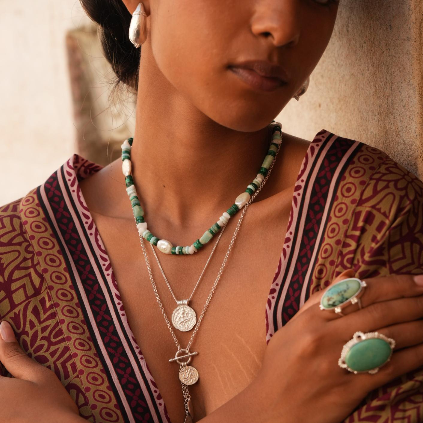 Pearl malachite and amazonite toggle choker with silver goddess pendants