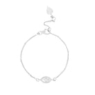 Silver bracelet with evil eye charm on a white background.