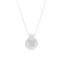 Silver necklace with Forever Young engraved on a white background