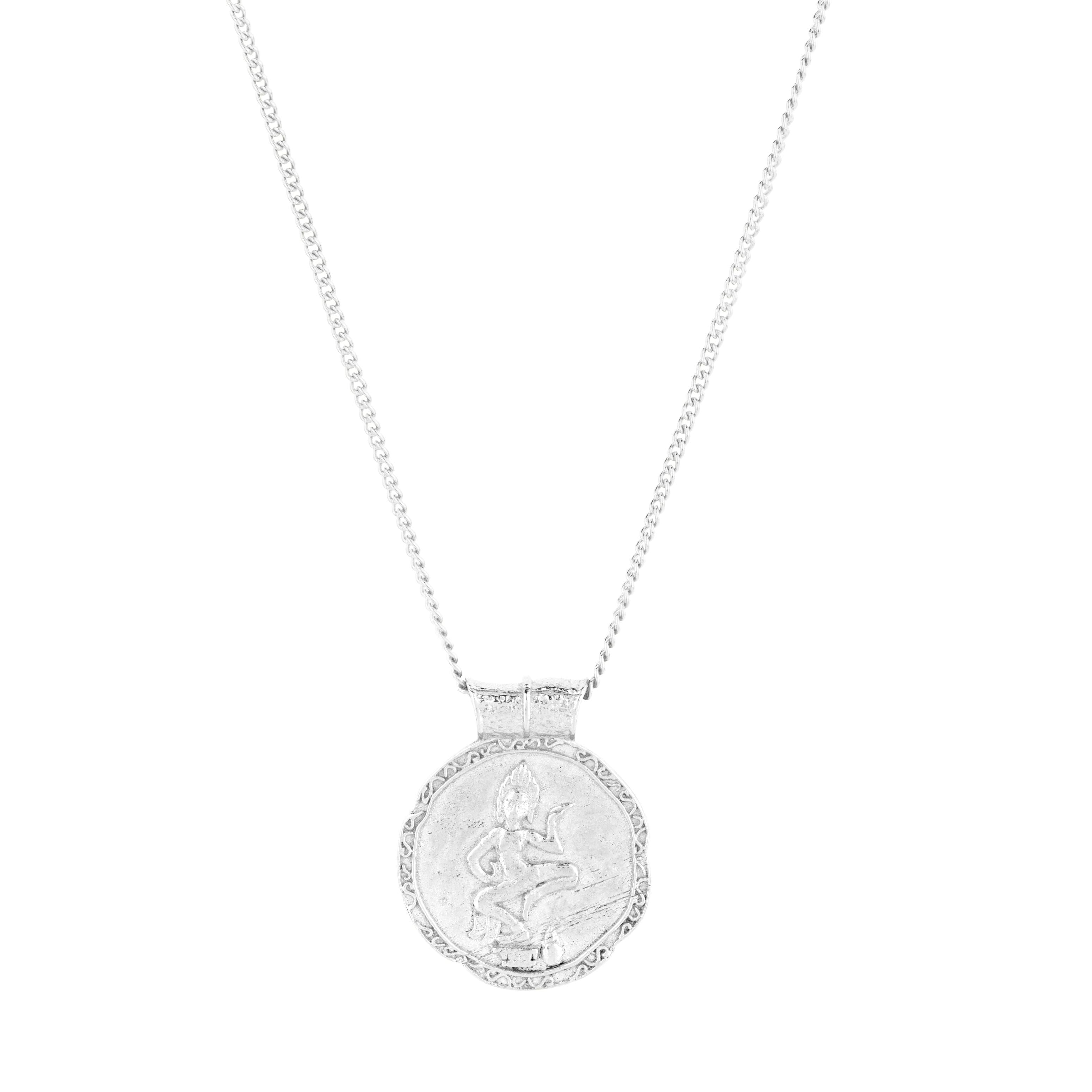 Silver Forever Young pendant on a white background featuring Aspara goddess