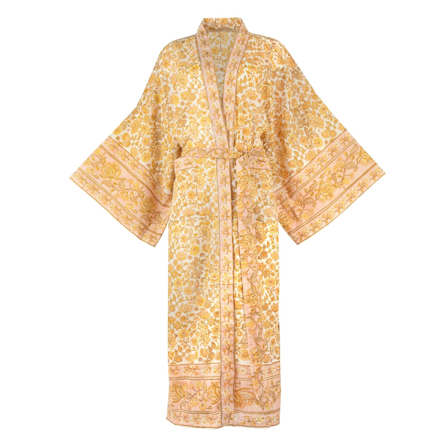 Pink Floral Block Print Cotton Kimono Robe by Loft and Daughter