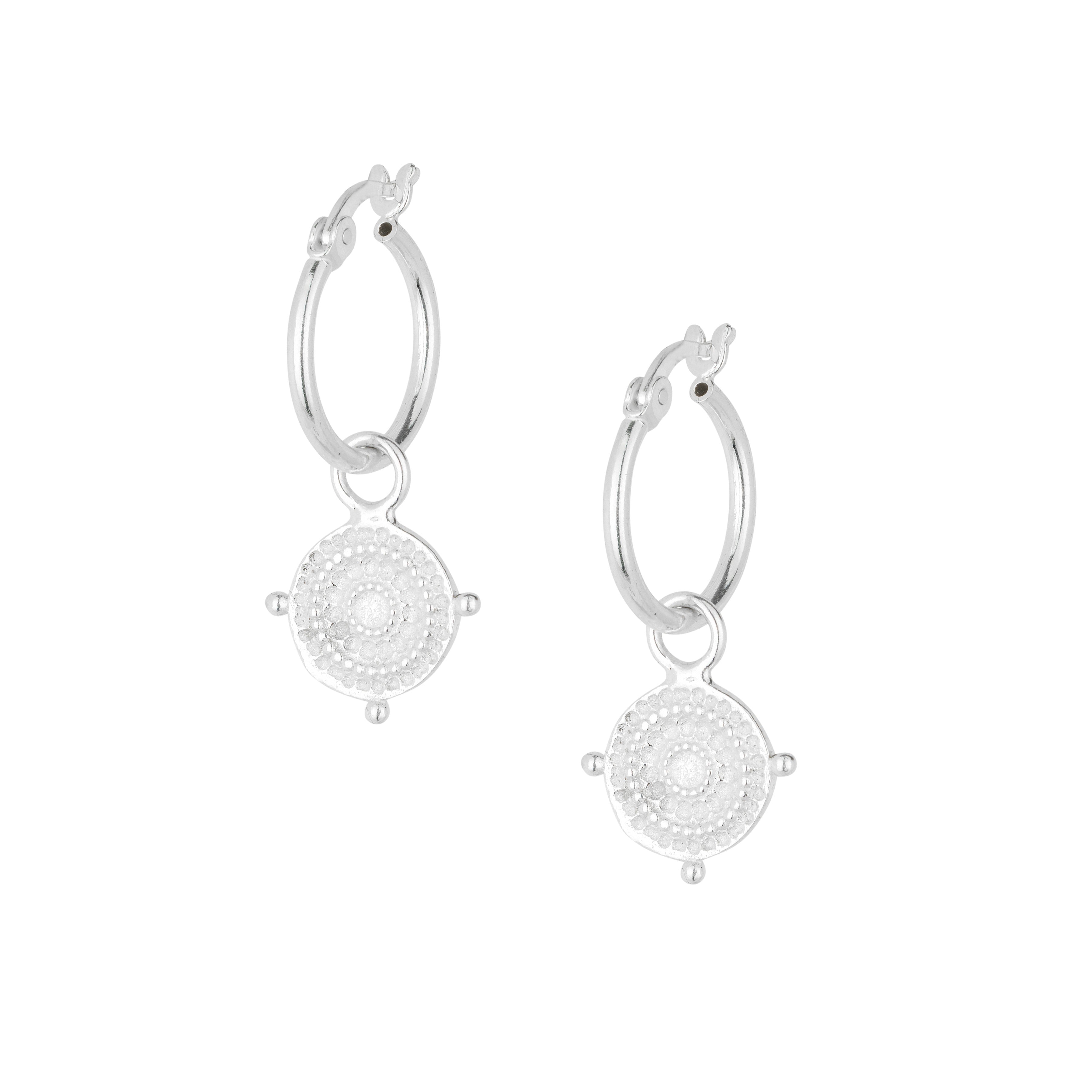 Dainty silver Athena Shield Hoops on white background by Loft & Daughter
