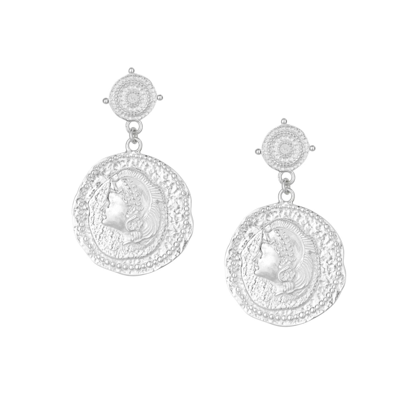 Large silver coin You Got This Earrings featuring Athena on white background