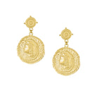 Gold coin-shaped earrings featuring the goddess Athena on a white background