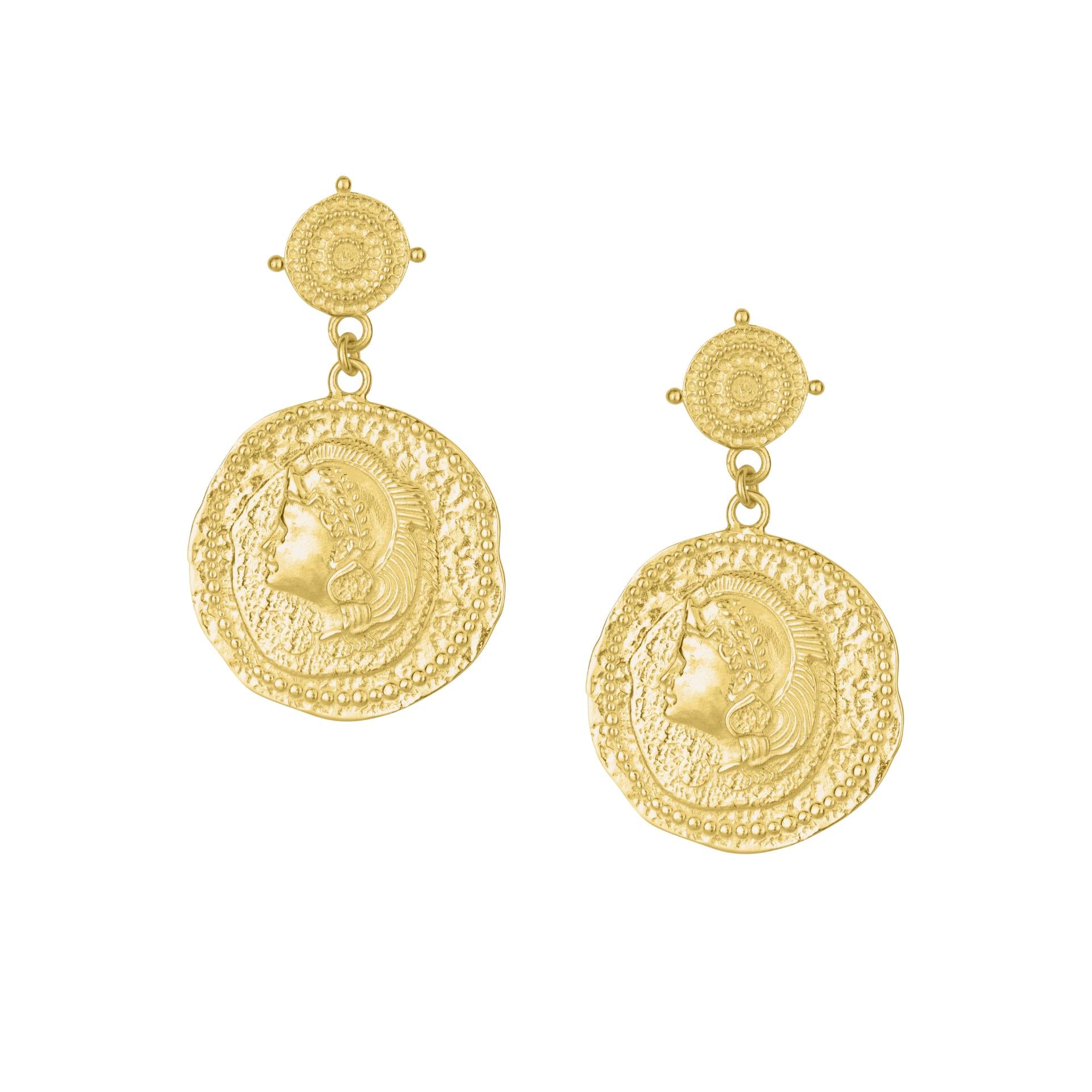 Gold coin-shaped earrings featuring the goddess Athena on a white background