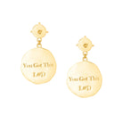 Gold earrings with 'You Got This L&D' text on a white background