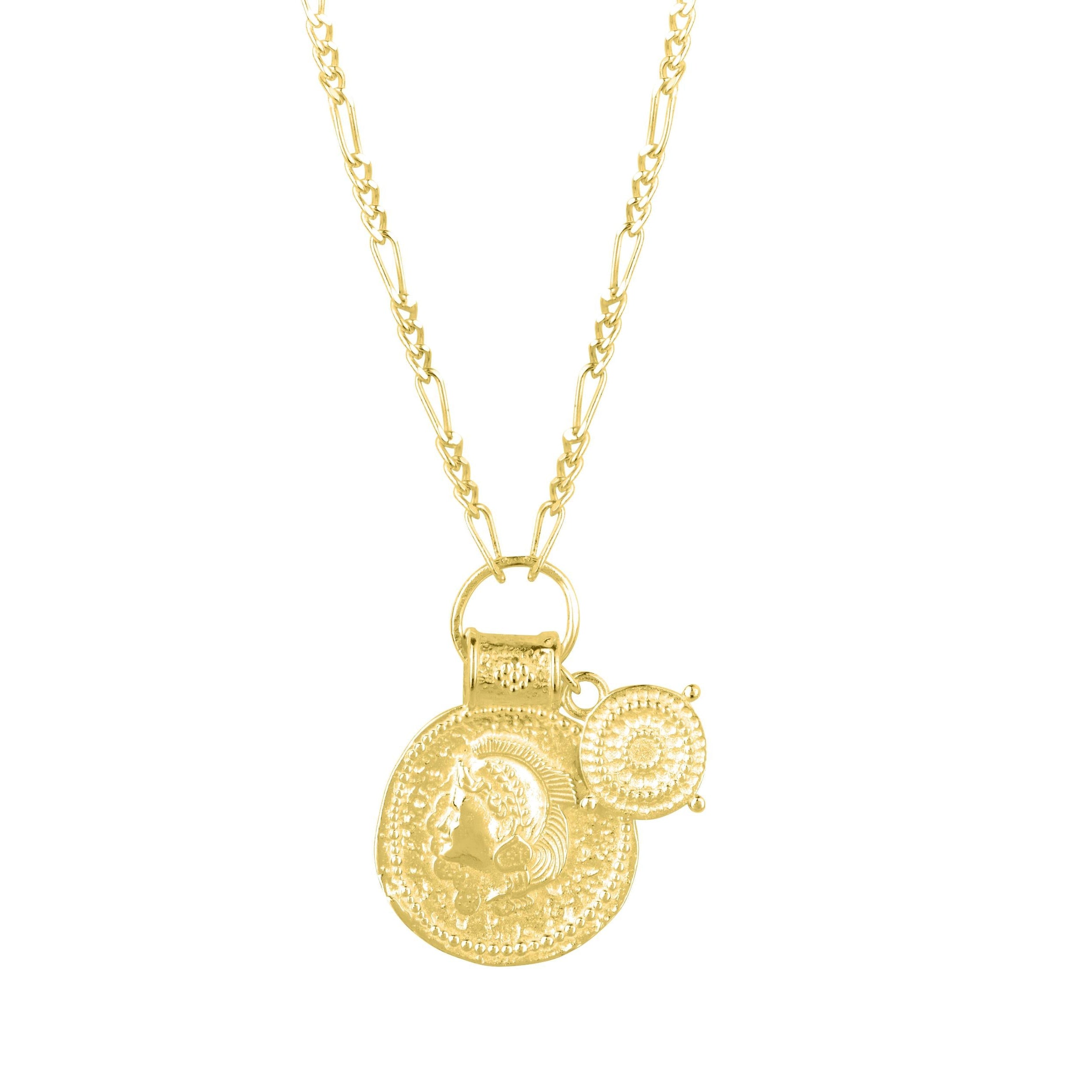 Gold Athena goddess necklace with a round coin charm on a white background