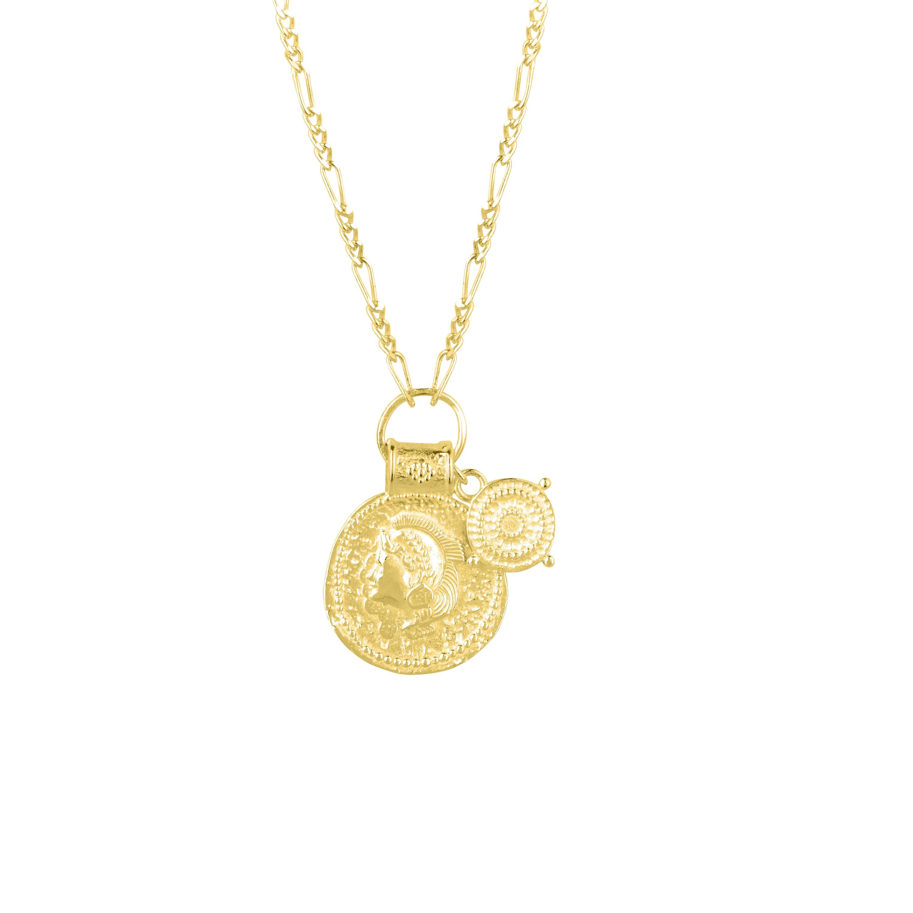 Gold Athena goddess necklace with a round coin charm on a white background