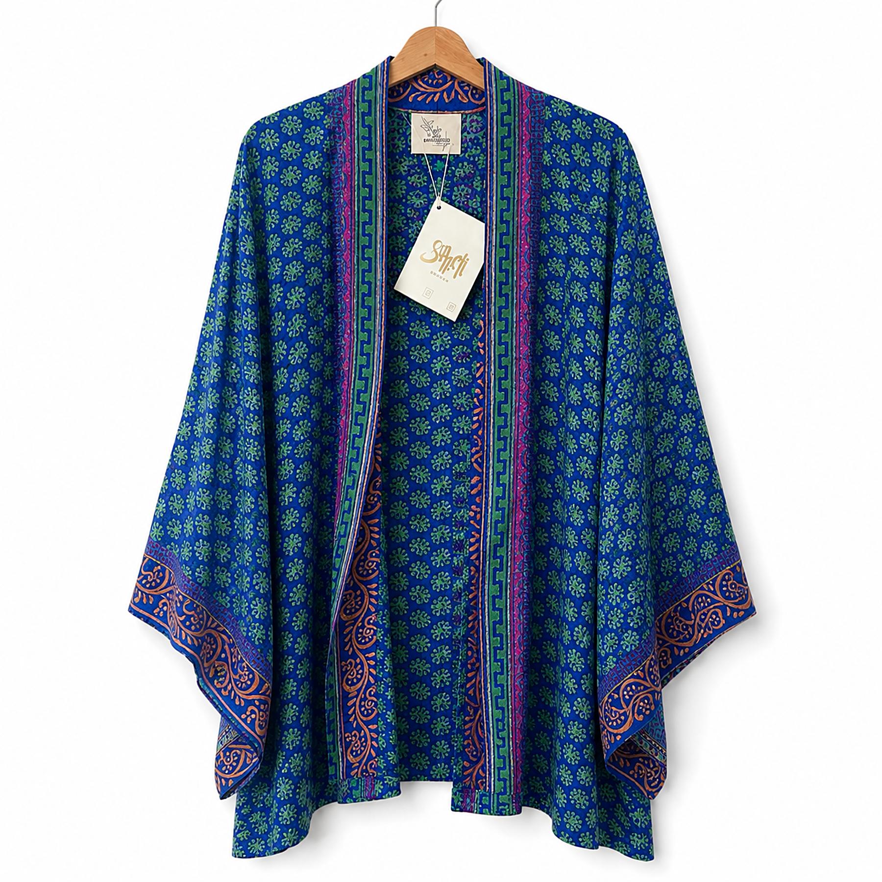Cobalt Bloom short sari kimono