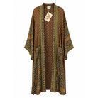One-of-a-kind maxi kimono in brown and olive floral folk print silk, by Loft & Daughter