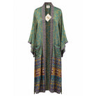 One-of-a-kind maxi kimono in teal and gold paisley silk with purple trim, by Loft & Daughter