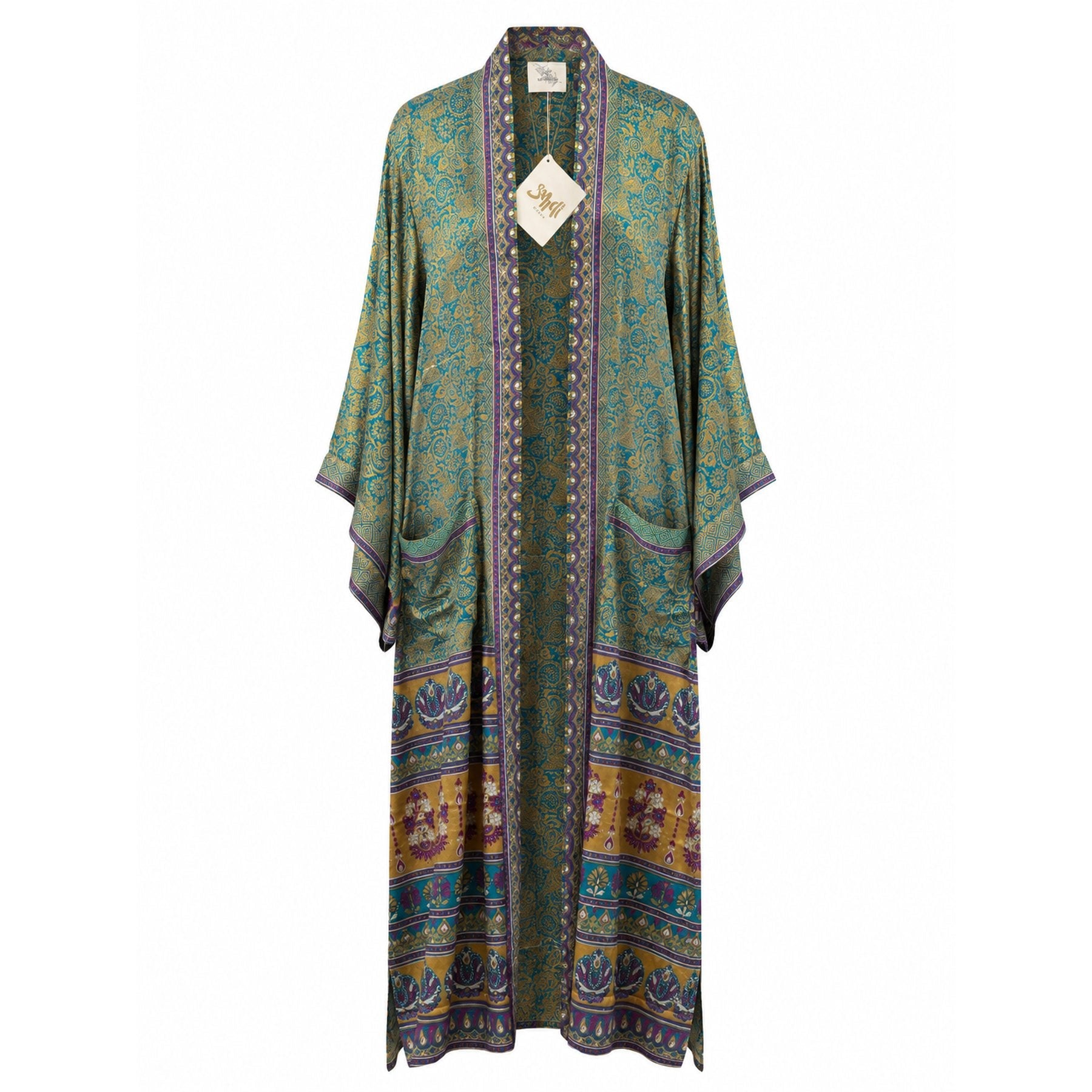 One-of-a-kind maxi kimono in teal and gold paisley silk with purple trim, by Loft & Daughter