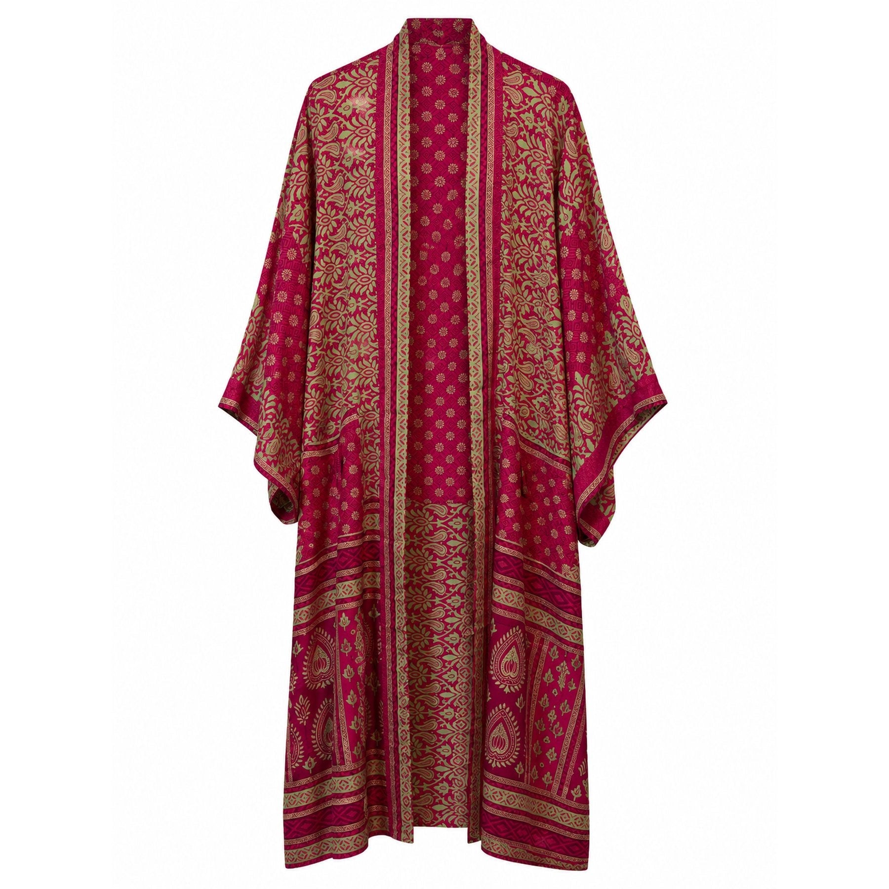One-of-a-kind maxi kimono in deep red and olive floral medallion silk, by Loft & Daughter