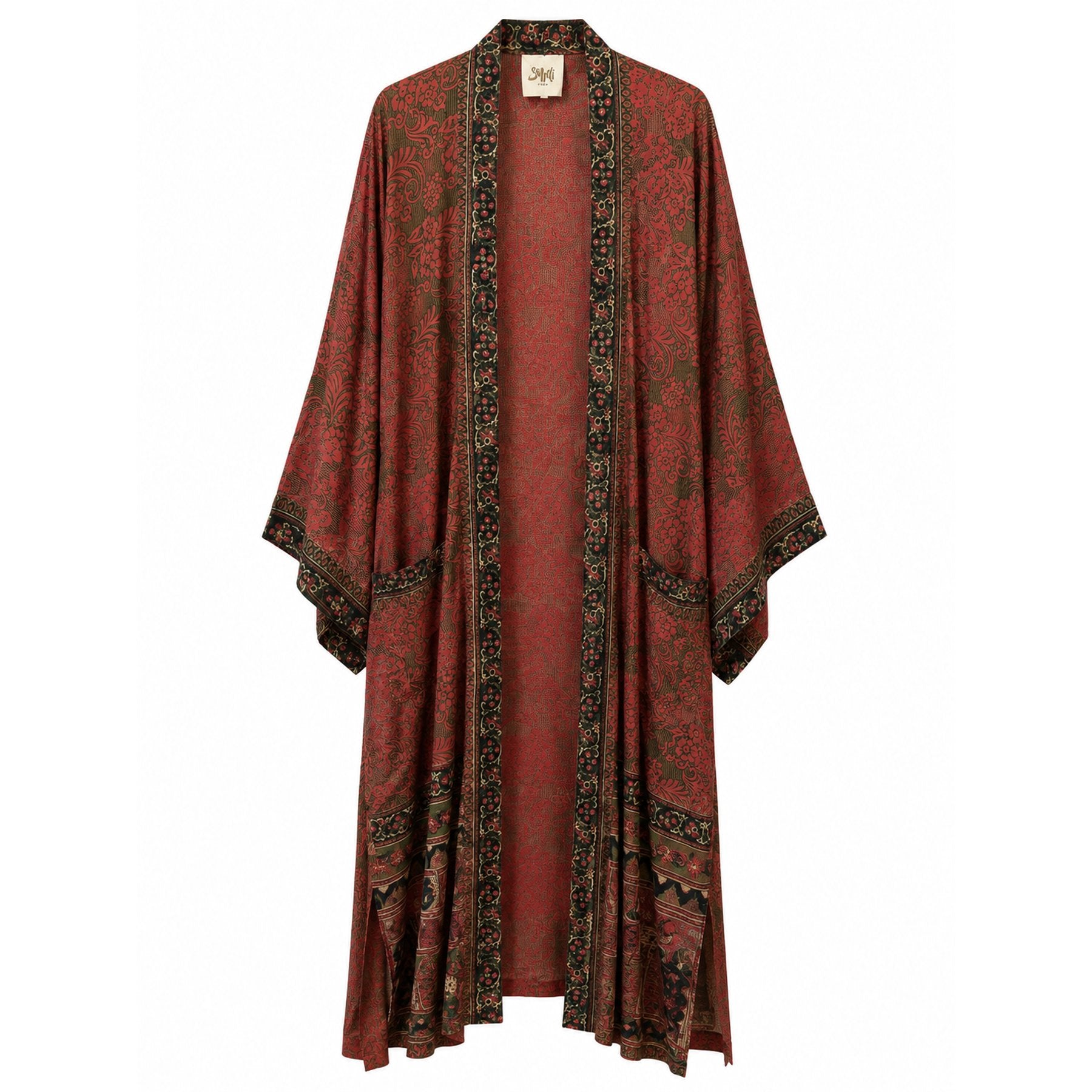 One-of-a-kind maxi kimono in red and black ornate paisley silk, by Loft & Daughter
