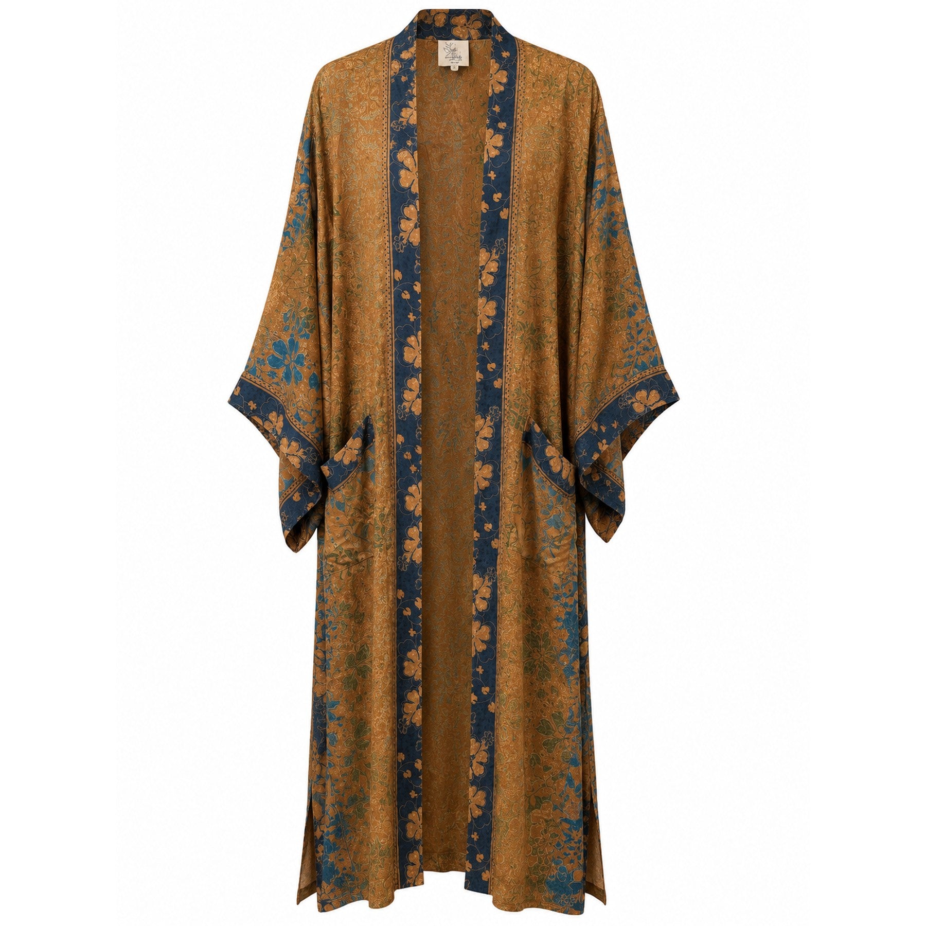 One-of-a-kind maxi kimono in mustard gold silk with blue and green floral print, by Loft & Daughter