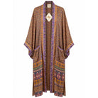 One-of-a-kind maxi kimono in mustard orange silk with blue-green paisley print, by Loft & Daughter