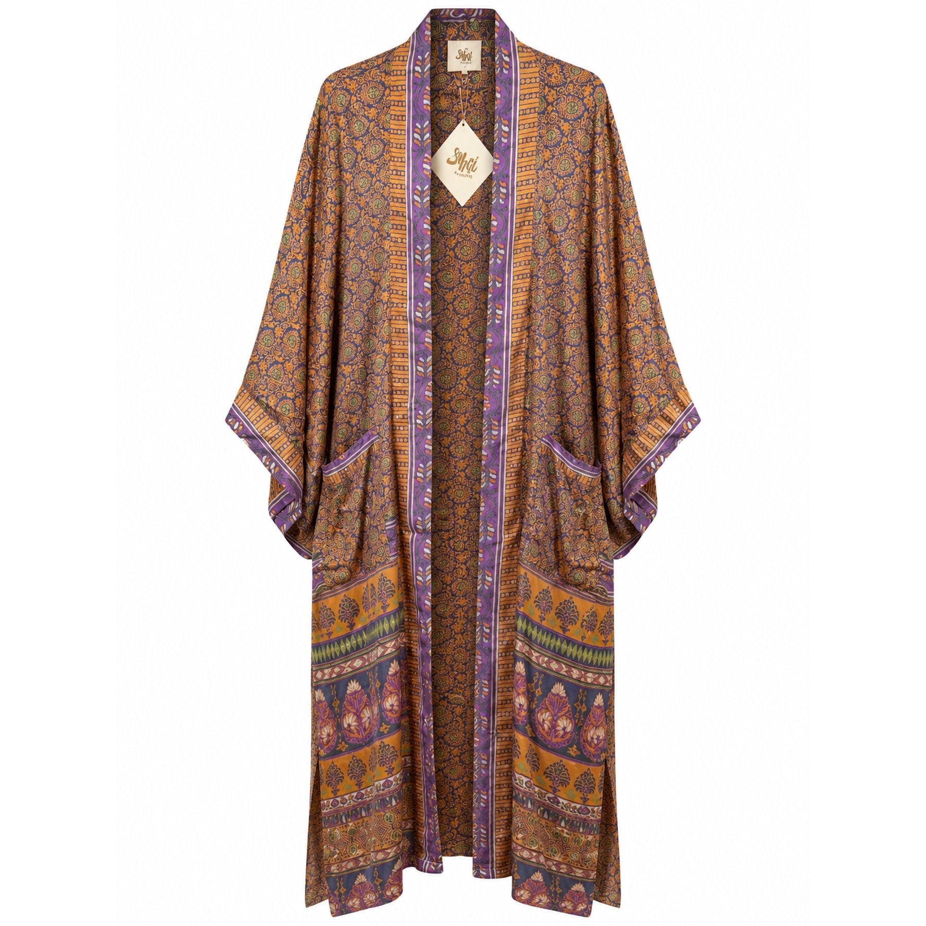 One-of-a-kind maxi kimono in mustard orange silk with blue-green paisley print, by Loft & Daughter