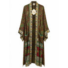 One-of-a-kind maxi kimono in deep red silk with green and gold paisley floral print, by Loft & Daughter