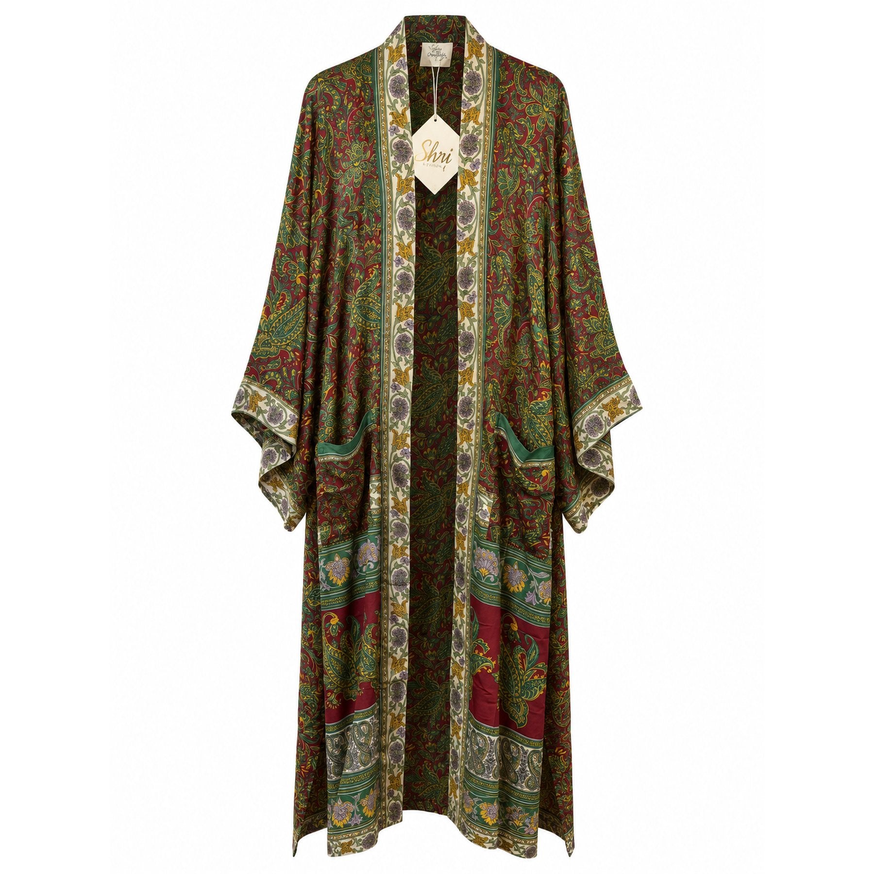 One-of-a-kind maxi kimono in deep red silk with green and gold paisley floral print, by Loft & Daughter