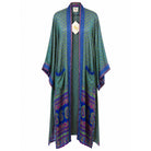 One-of-a-kind maxi kimono in lime green silk with blue reptile-scale print, by Loft & Daughter