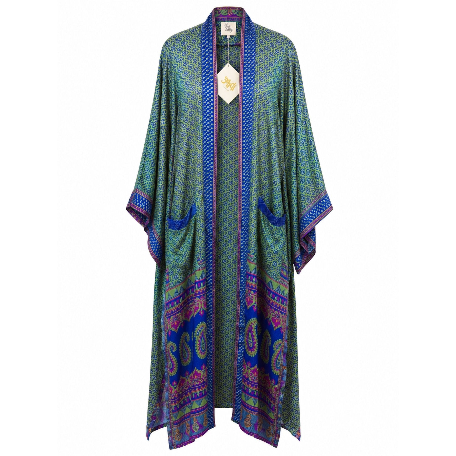 One-of-a-kind maxi kimono in lime green silk with blue reptile-scale print, by Loft & Daughter