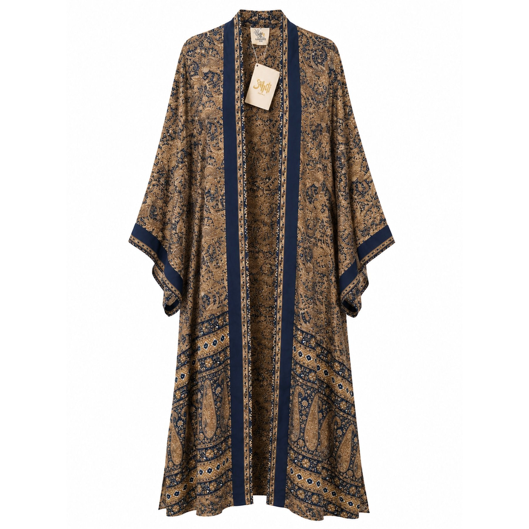 One-of-a-kind maxi kimono in brown and navy ornate paisley silk, by Loft & Daughter