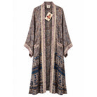 One-of-a-kind maxi kimono in grey-blue and mauve floral silk with cream trim, by Loft & Daughter