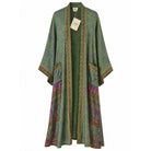One-of-a-kind maxi kimono in green and purple ornate paisley silk with red-gold trim, by Loft & Daughter