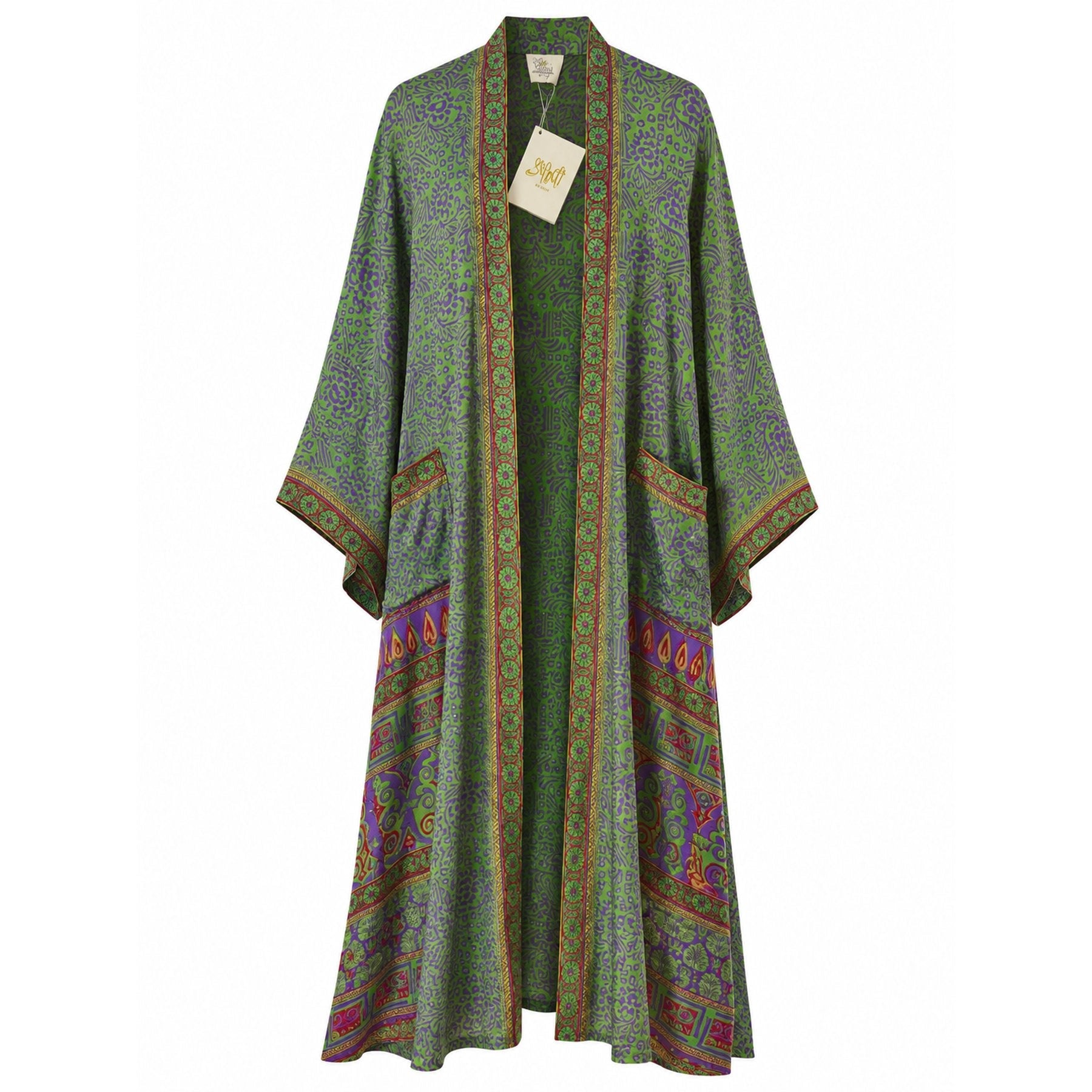 One-of-a-kind maxi kimono in green and purple ornate paisley silk with red-gold trim, by Loft & Daughter