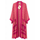 One-of-a-kind maxi kimono in pink and gold diamond lattice silk with coral paisley border, by Loft & Daughter